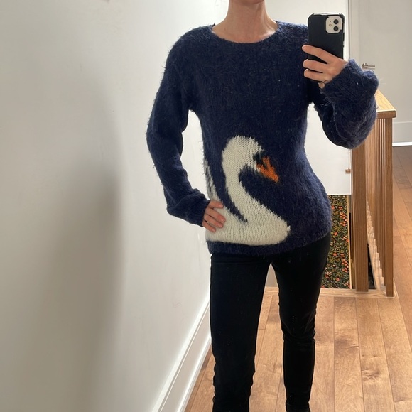 Press wool mohair blend navy blue swan knit sweater round neck size M - Picture 11 of 14